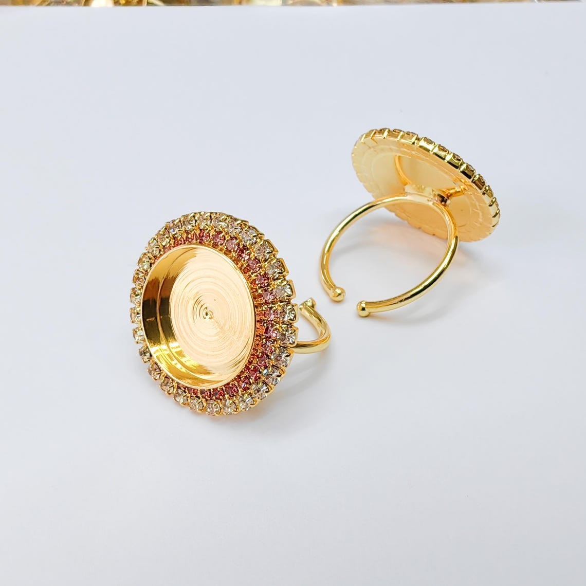 Pink Crystal Ring Blank Base Bezel Setting Adjustable 16mm 24k Shiny Gold G37445