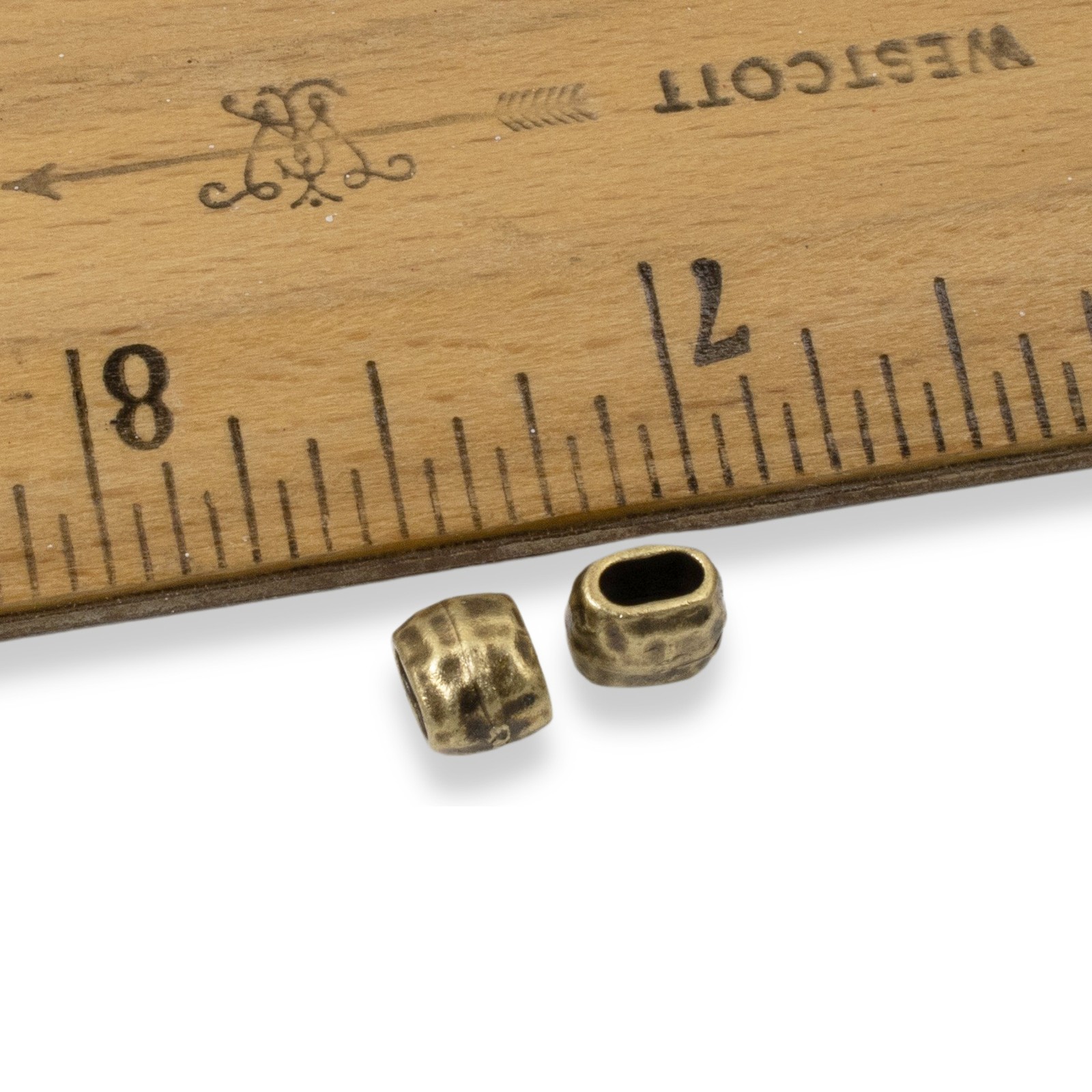 10 Antique Brass Hammered Barrel Leather Crimp Beads, 4x2mm Hole Size