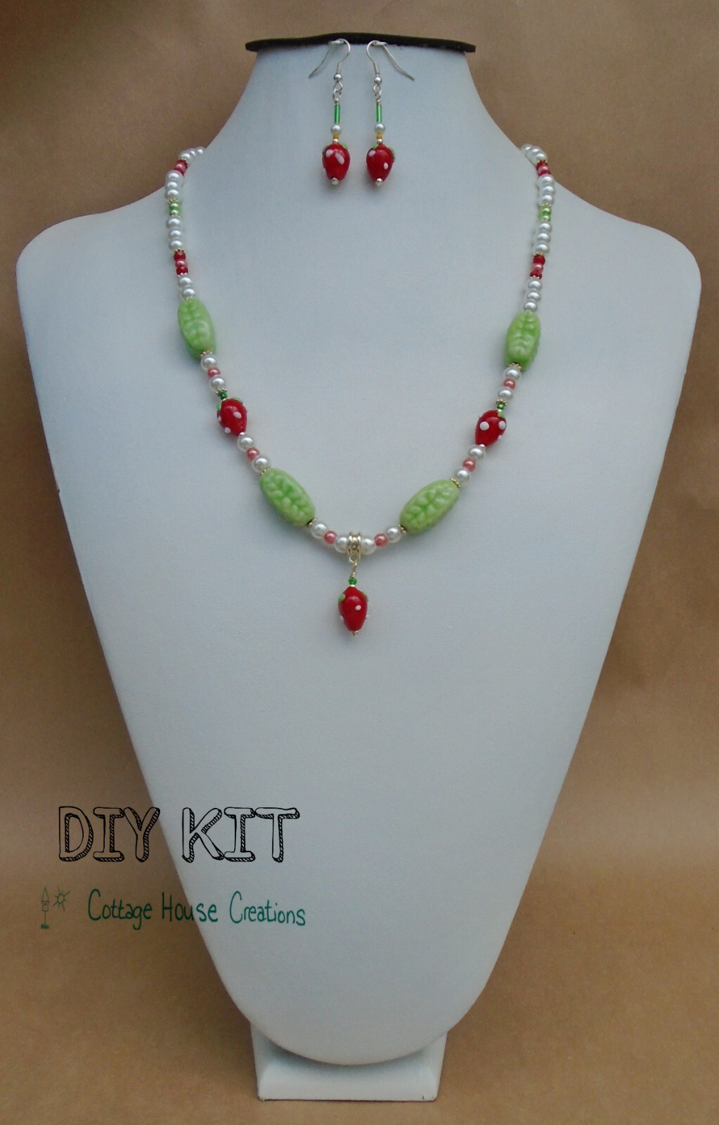 Strawberry Pearl Necklace Earring Glass Bead Jewelry Making Kit