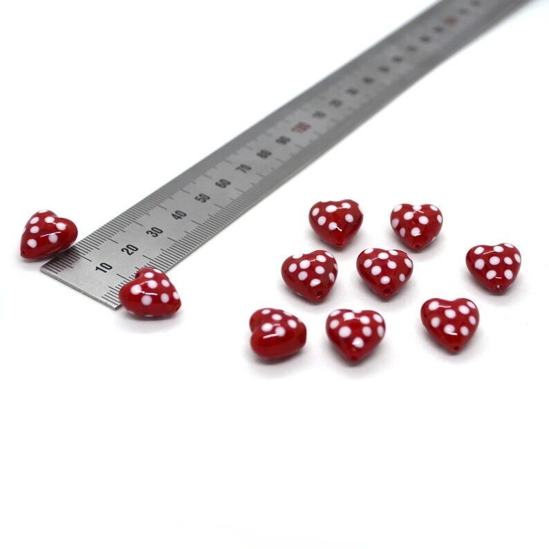 (10 pcs) Red/White Dots Heart Beads- Lampwork Beads, Approx 15x15mm