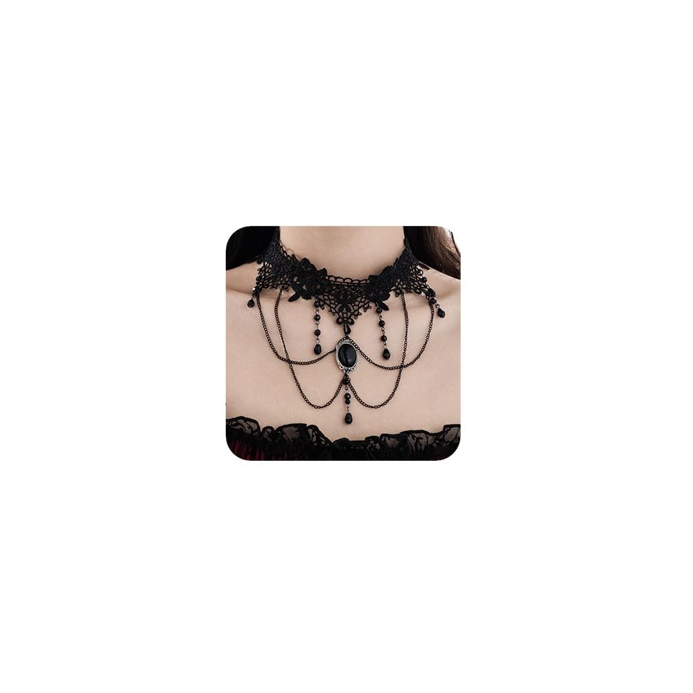 Boho Black Punk Halloween Tassels Lace Choker Necklace Fashion Prom Shinny Cryst