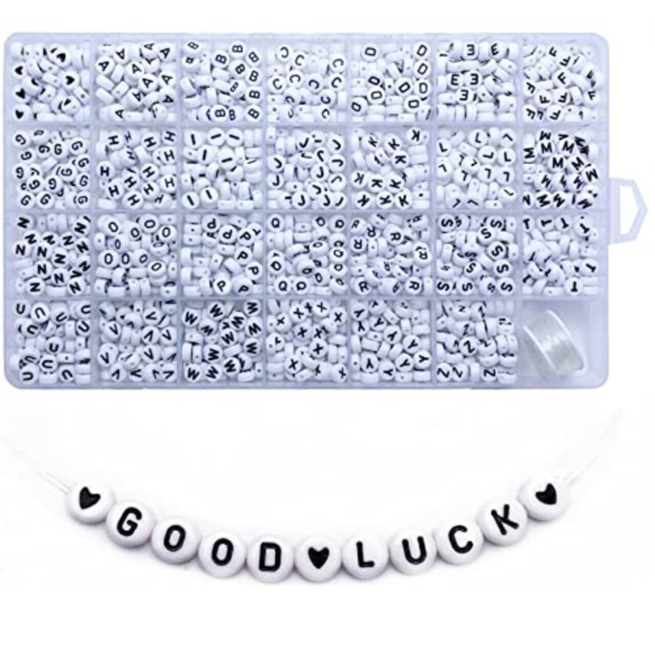 1400 Pieces Letter Beads A-Z and Elastic Line Heart Beads 4x7mm White Round