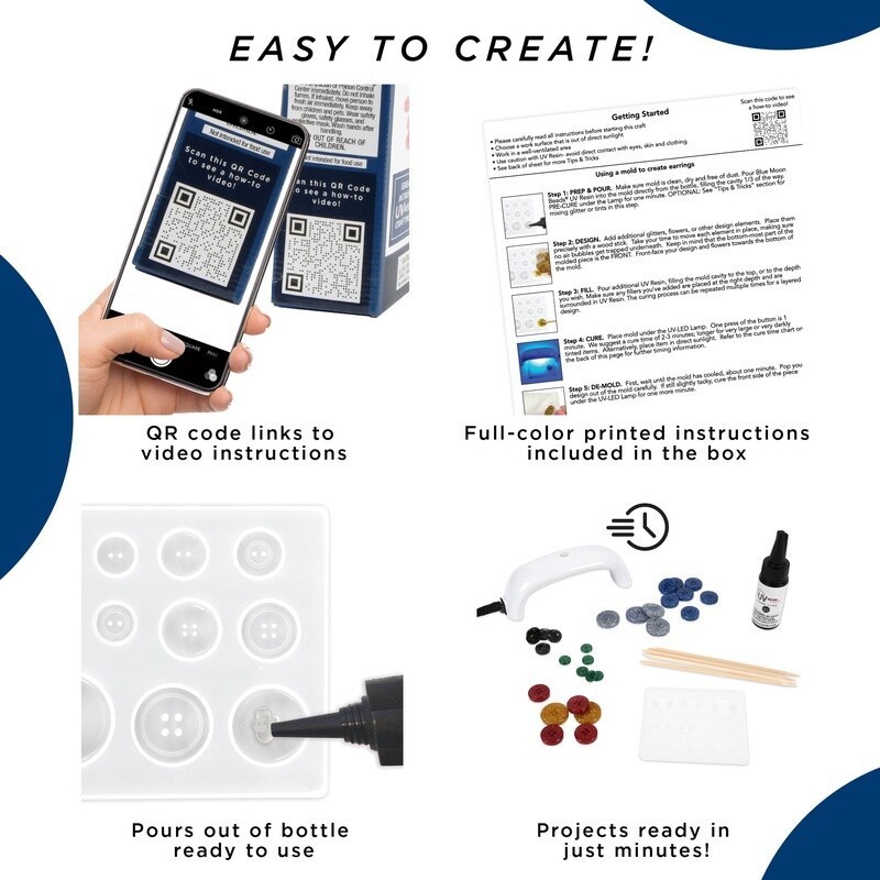 UV Resin Button Maker Kit W/ Light DIY Custom Buttons Starter Set Multi Color US