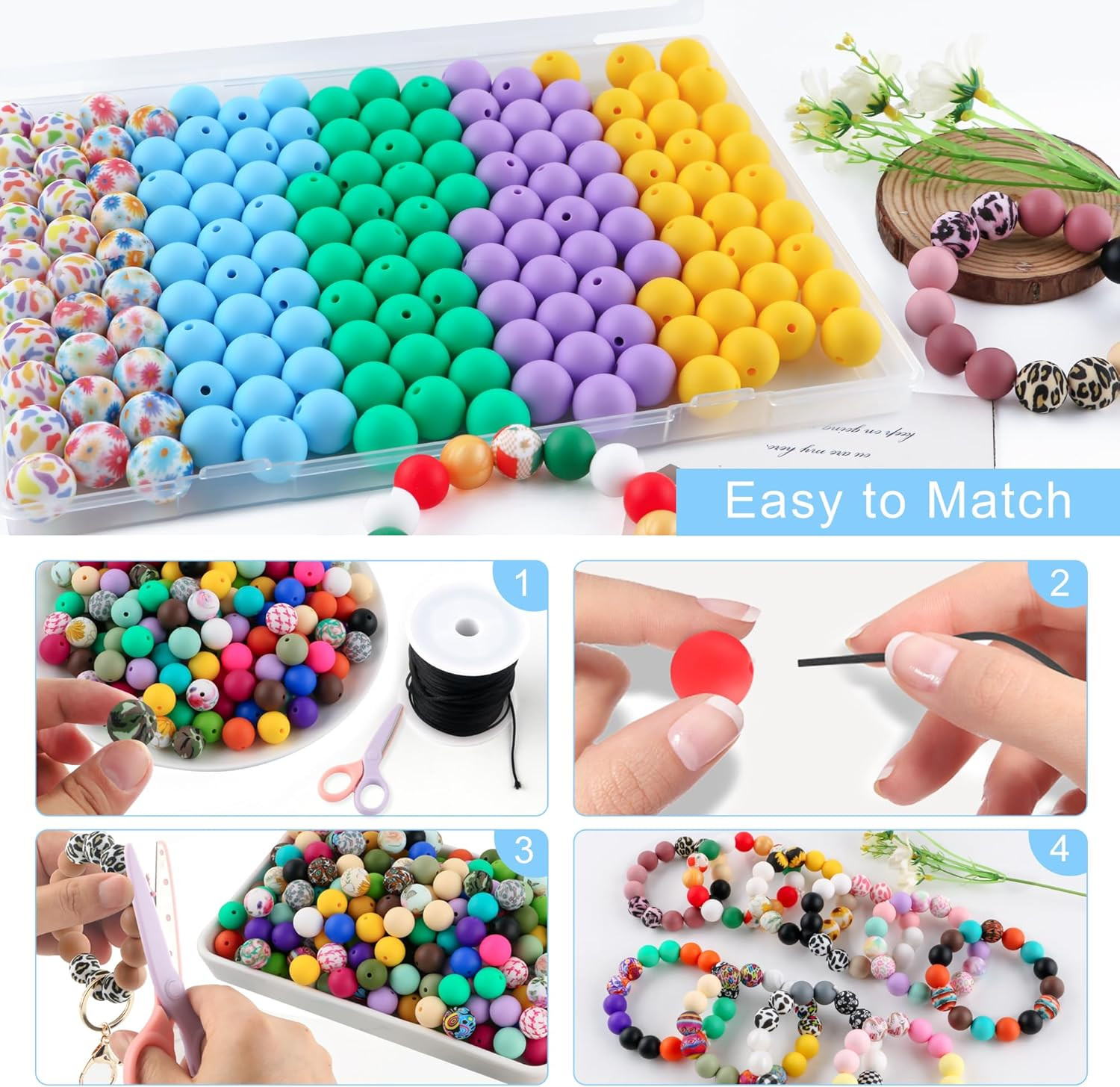 150Pcs Mixed Color 15mm Silicone Beads for Keychain Making, Blue Purple Flower P