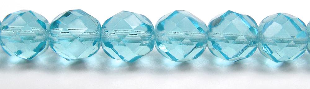 Czech Fire Polished Round Faceted Glass Beads in Aqua color 16” strand, lt.blue