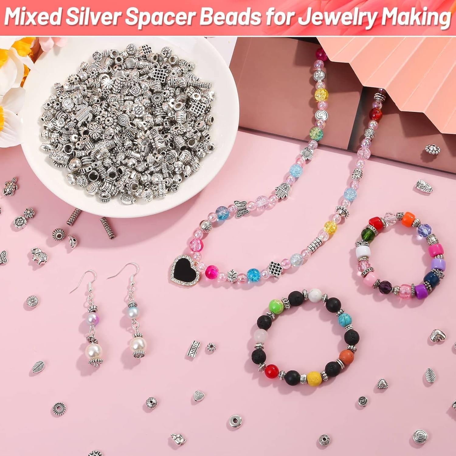 500 Pcs Bracelet Spacer Beads Silver Bulk Random Styles Loose Spacer Metal Charm