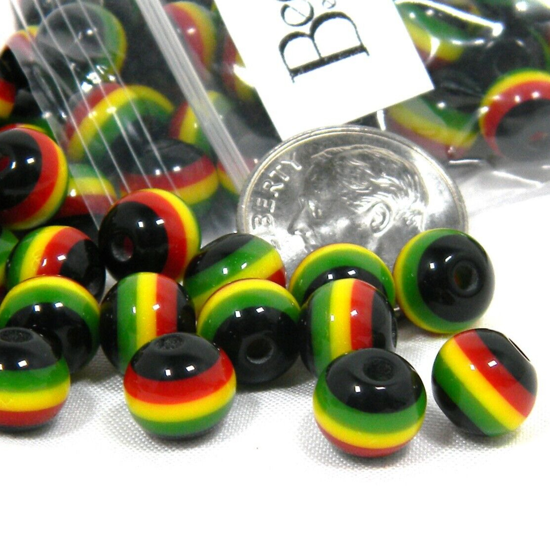10 Green Gold Yellow Red 8mm Round Jamaican Rastafarian Flag Resin Reggae Beads