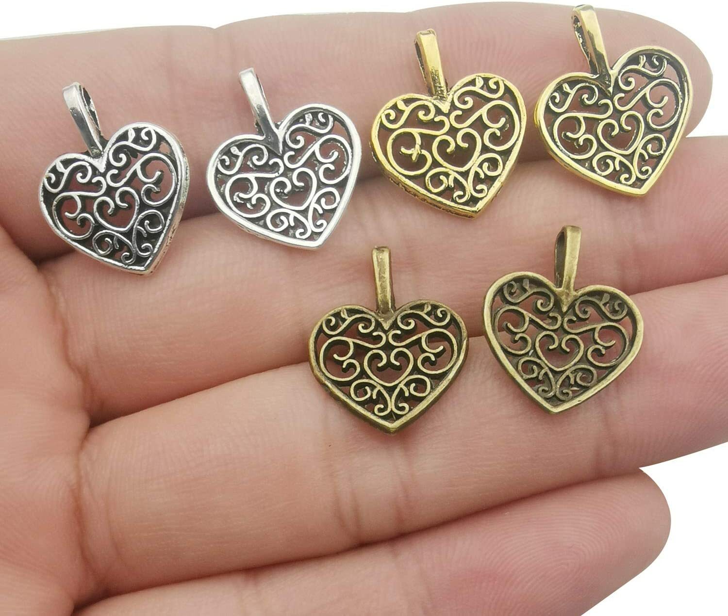 10 Heart Charms Valentines Day Pendants Gold Silver Assorted Mix Supply Lot