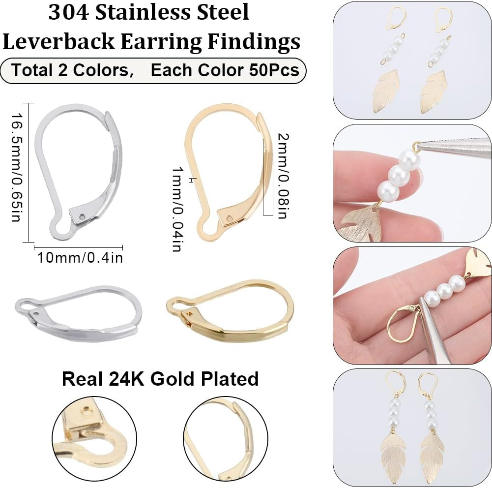 100pcs 24K Gold Plated Leverback Earring Hooks Stainless Steel DIY Findings