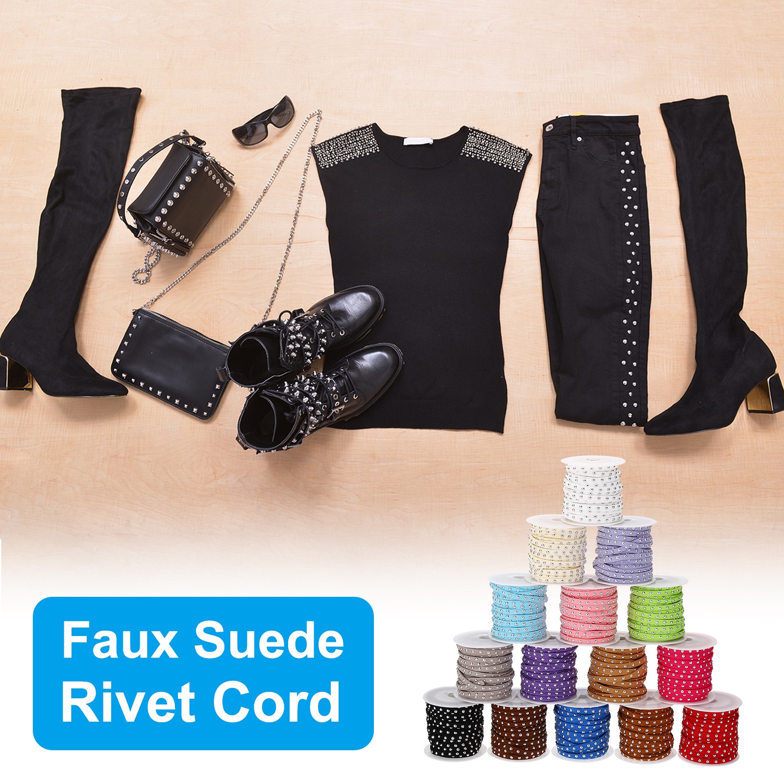 65.6ft Studded Faux Suede Cord Rope 5mm with Rivets Dark Brown Silver