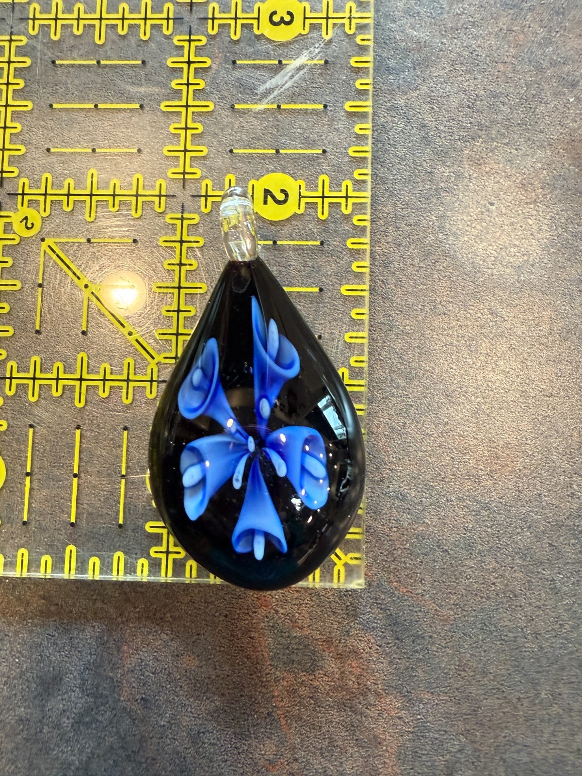 Hand Made Artisan Glass Pendant Flower Blue & Black for Crafting Jewelry