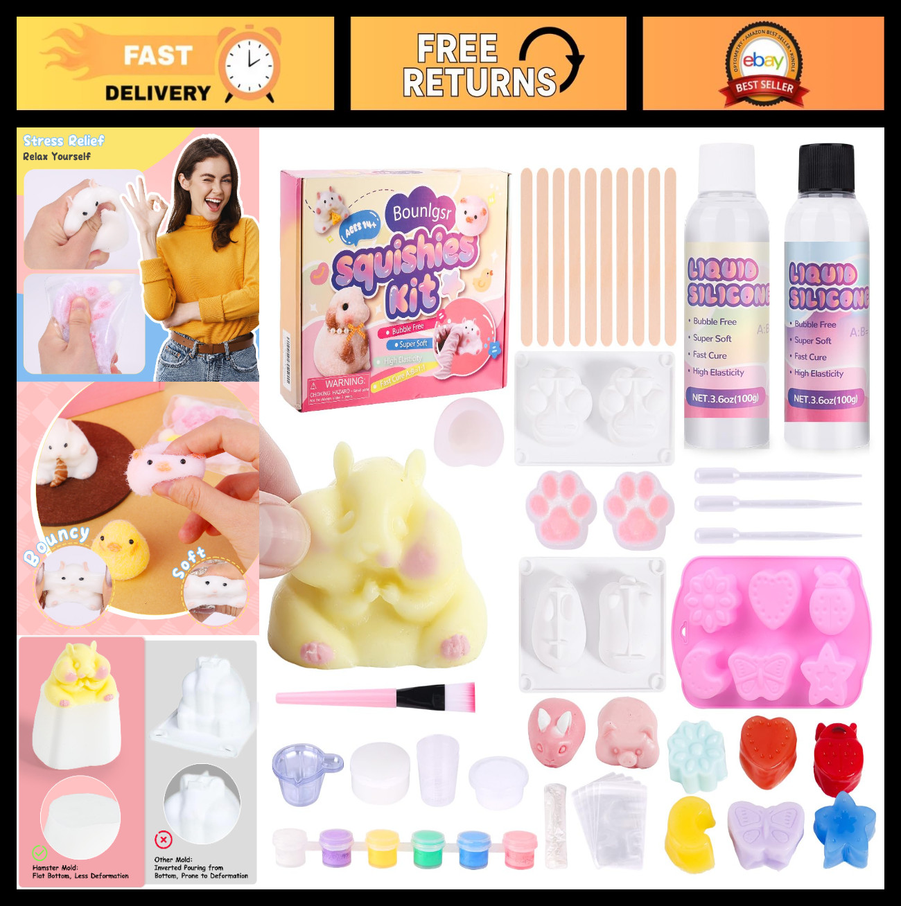 DIY Squishy Kit for Beginners – 7oz 1:1AB Gel, 10 Molds, Flocking Powder, Stress