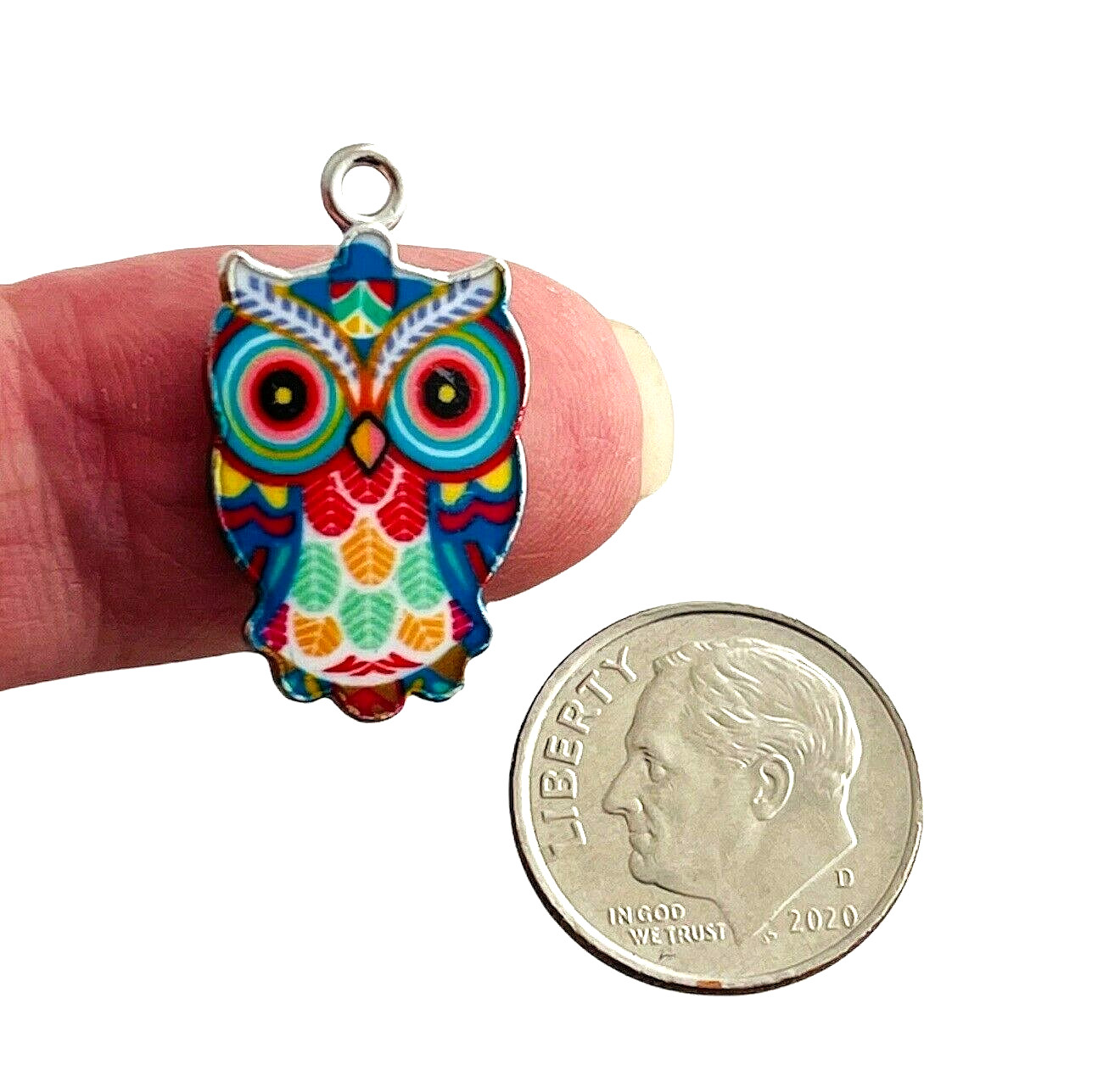 10 Multicolor Bright Colorful Enamel Owl Silver Bead Drop 23mm Charms Pendants