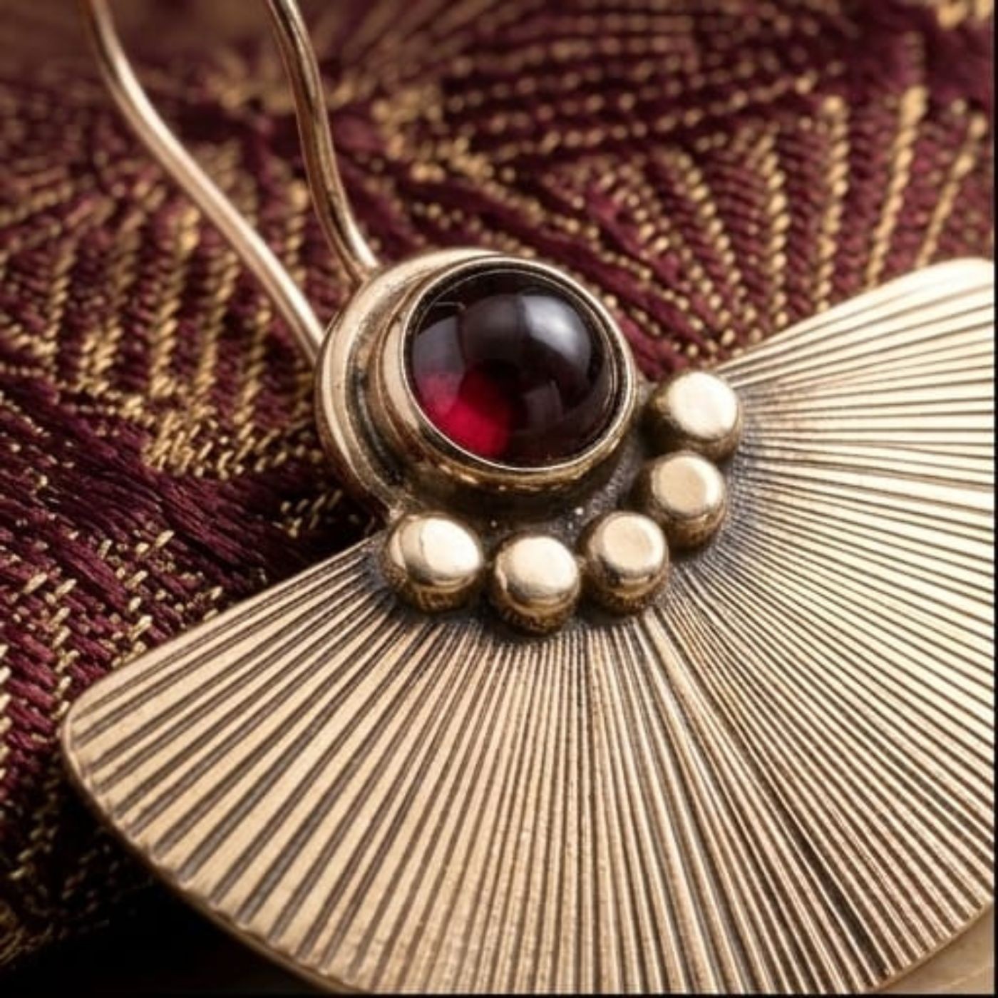 Vintage Fan Drop Earrings, Red Garnet Gemstone, Handmade Brass Dangle Earrings.