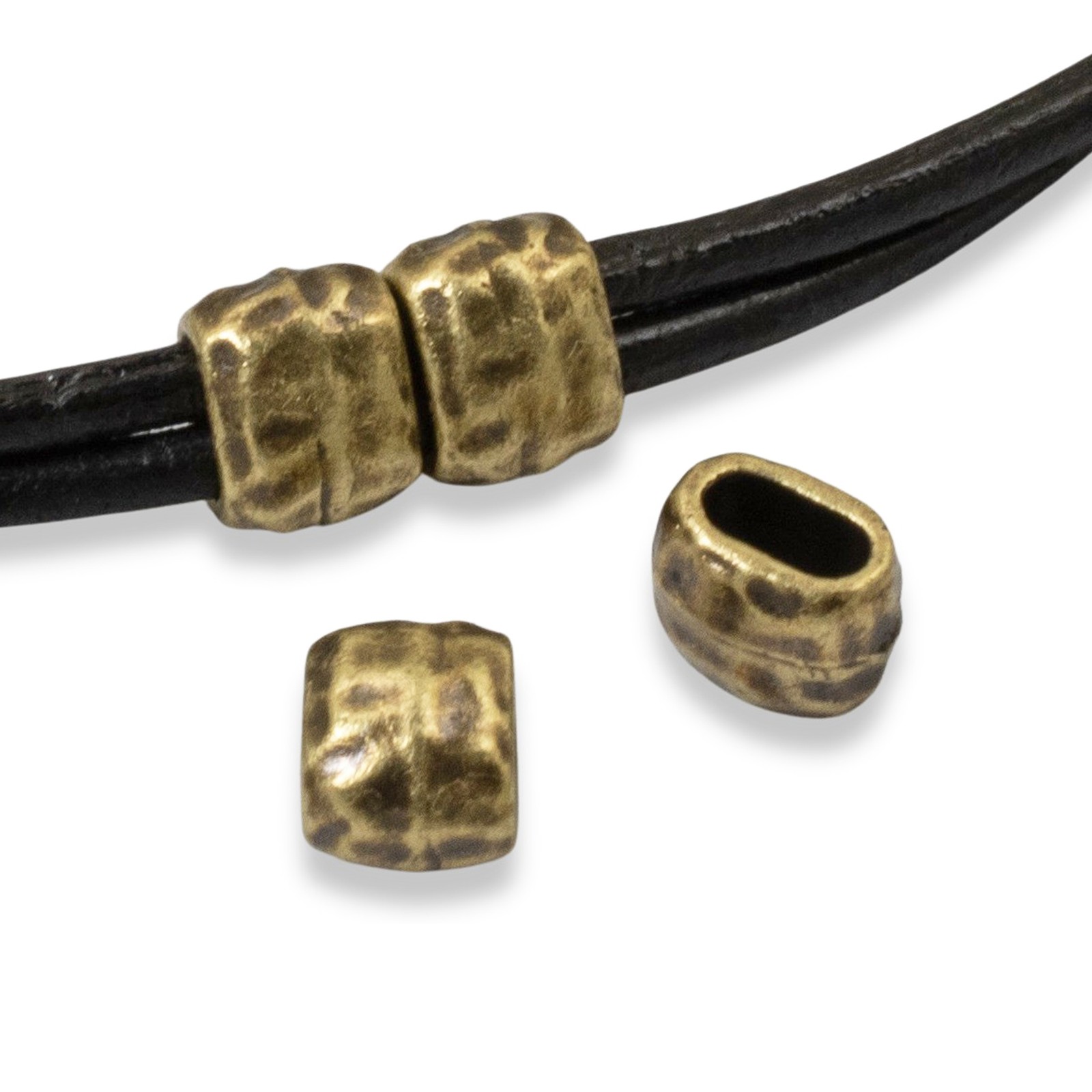 10 Antique Brass Hammered Barrel Leather Crimp Beads, 4x2mm Hole Size