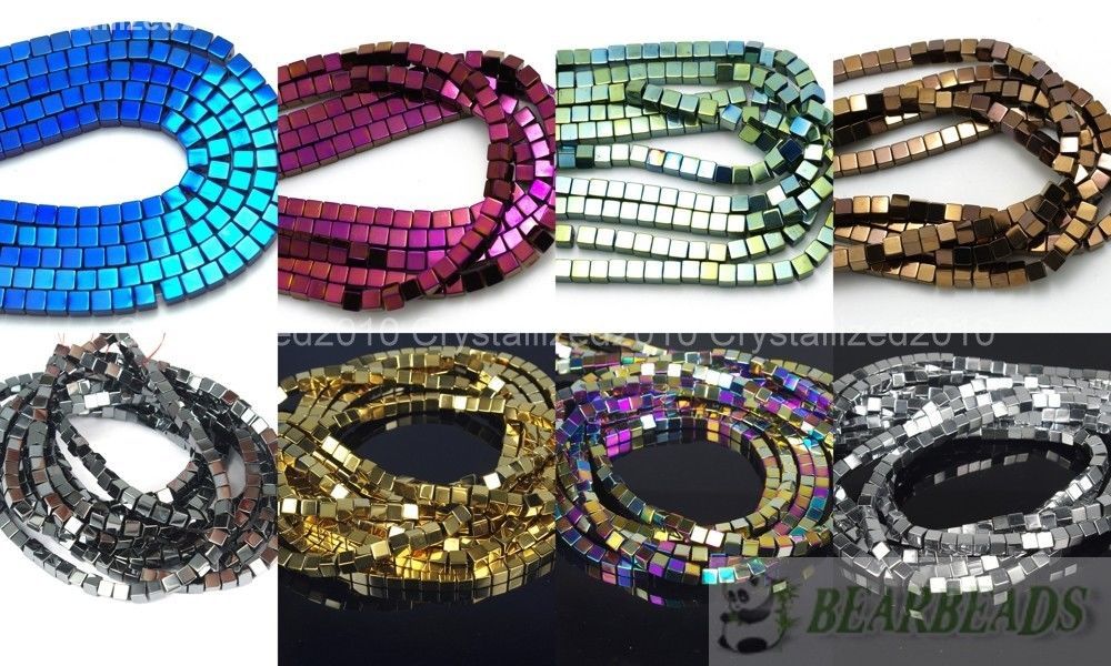 Natural Hematite Gemstone Square Cube Silver Gold Multi-color Beads 16″ Healing