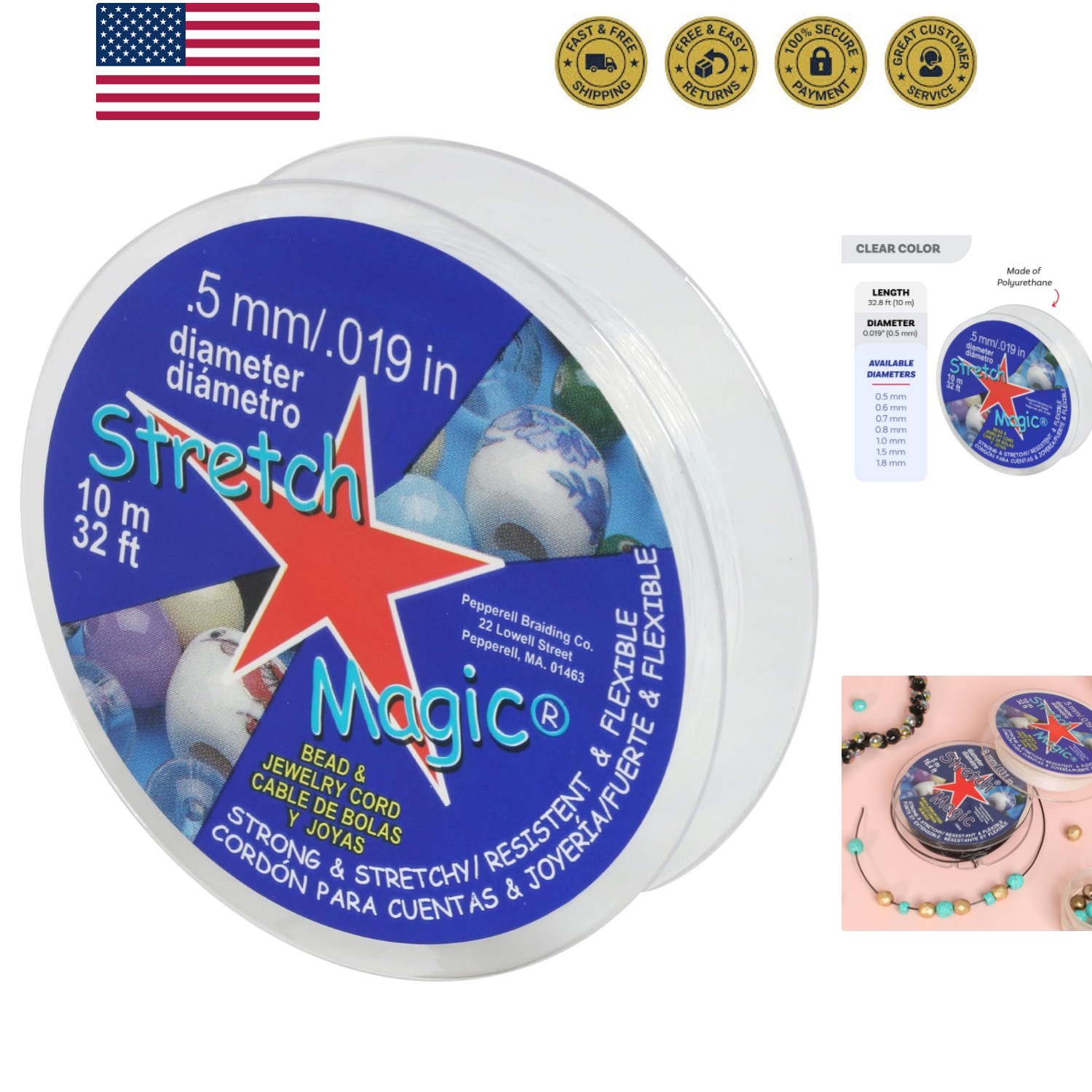 Elastic Beading Cord – Clear Color, 0.5mm in Diameter, 10-Meter 32 ft – Easy …