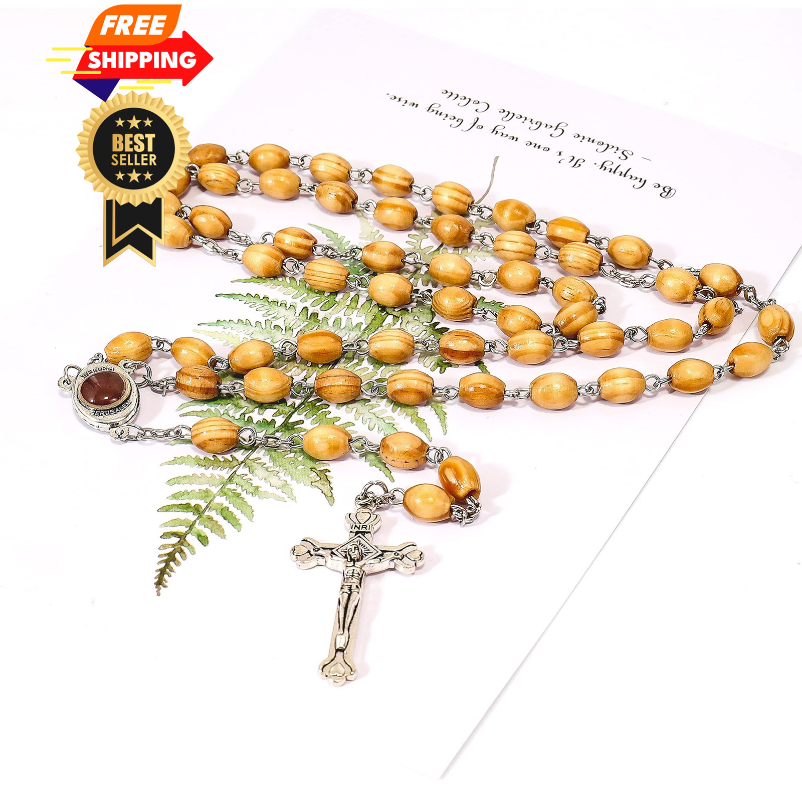 Nazareth Store Catholic Prayer Rosary Olive Wood Beads 21 inches, Brown