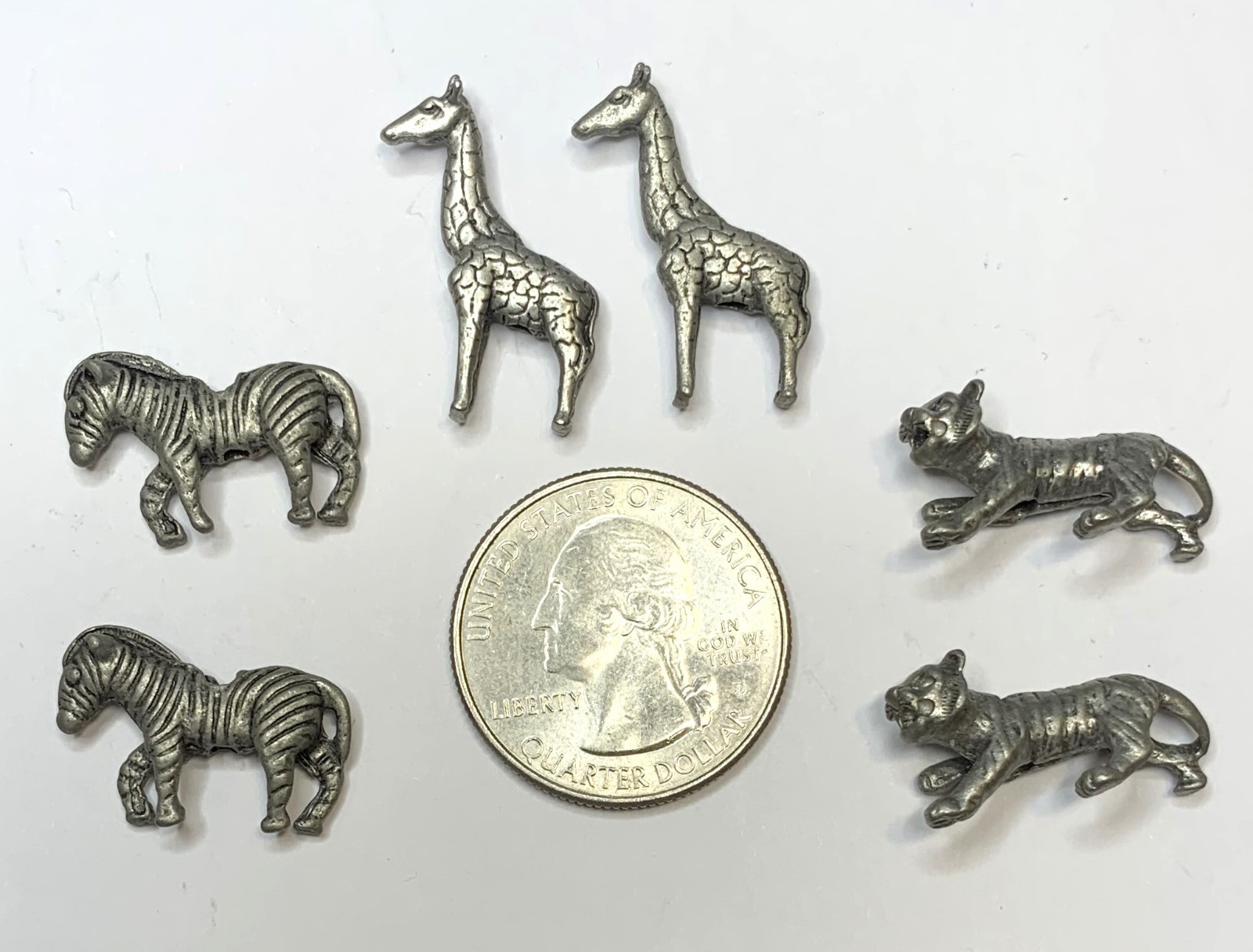 Vintage Pewter Animal Beads 6 Pieces Tiger Giraffe Zebra