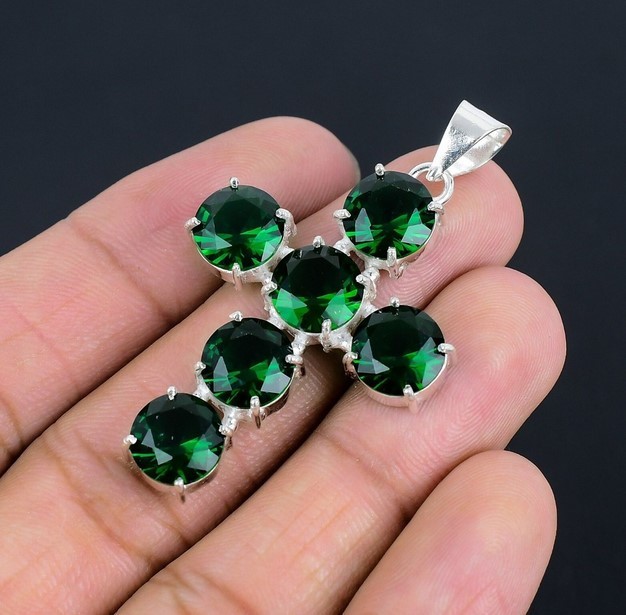 925 Sterling Silver Chrome Diopside Cross Pendant Handmade Jewelry