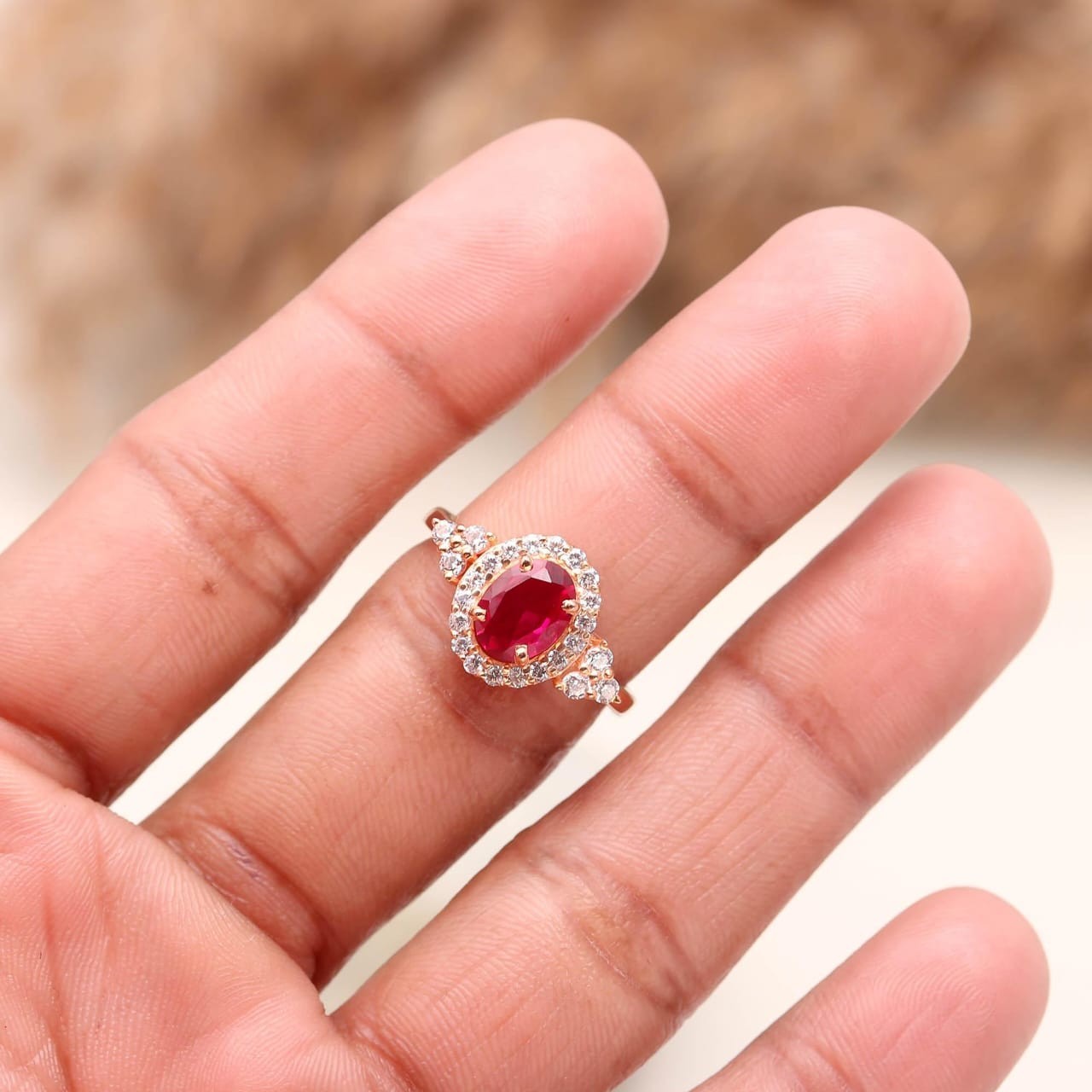 Ruby Moissanite Halo Ring | 925 Sterling Silver | Oval Red Ruby Engagement Ring