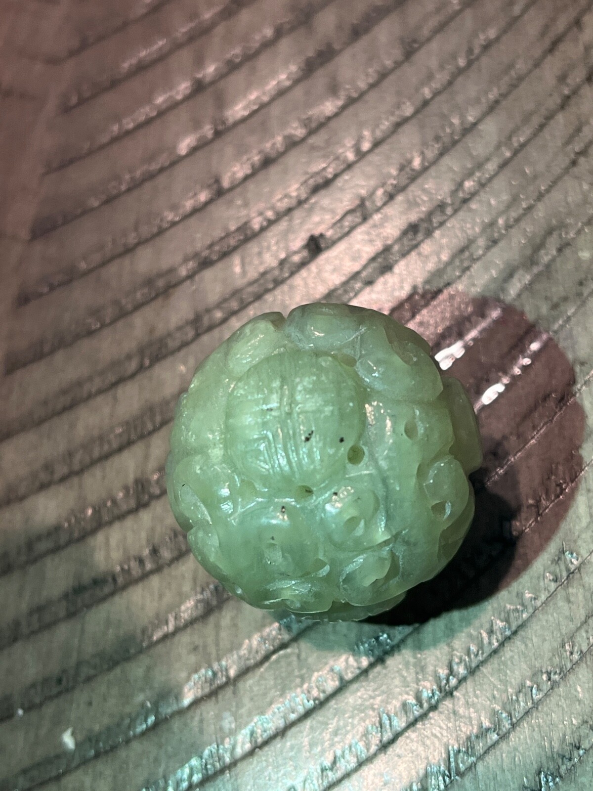 Vintage Chinese ultra carved green gemstone large shou bead 122024aAE