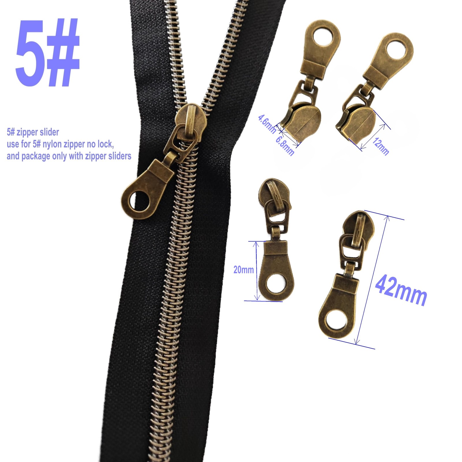 50 PCS #5 Antique Brass Pulls Nylon Coil Zippers Metal Sliders Jackets Bags