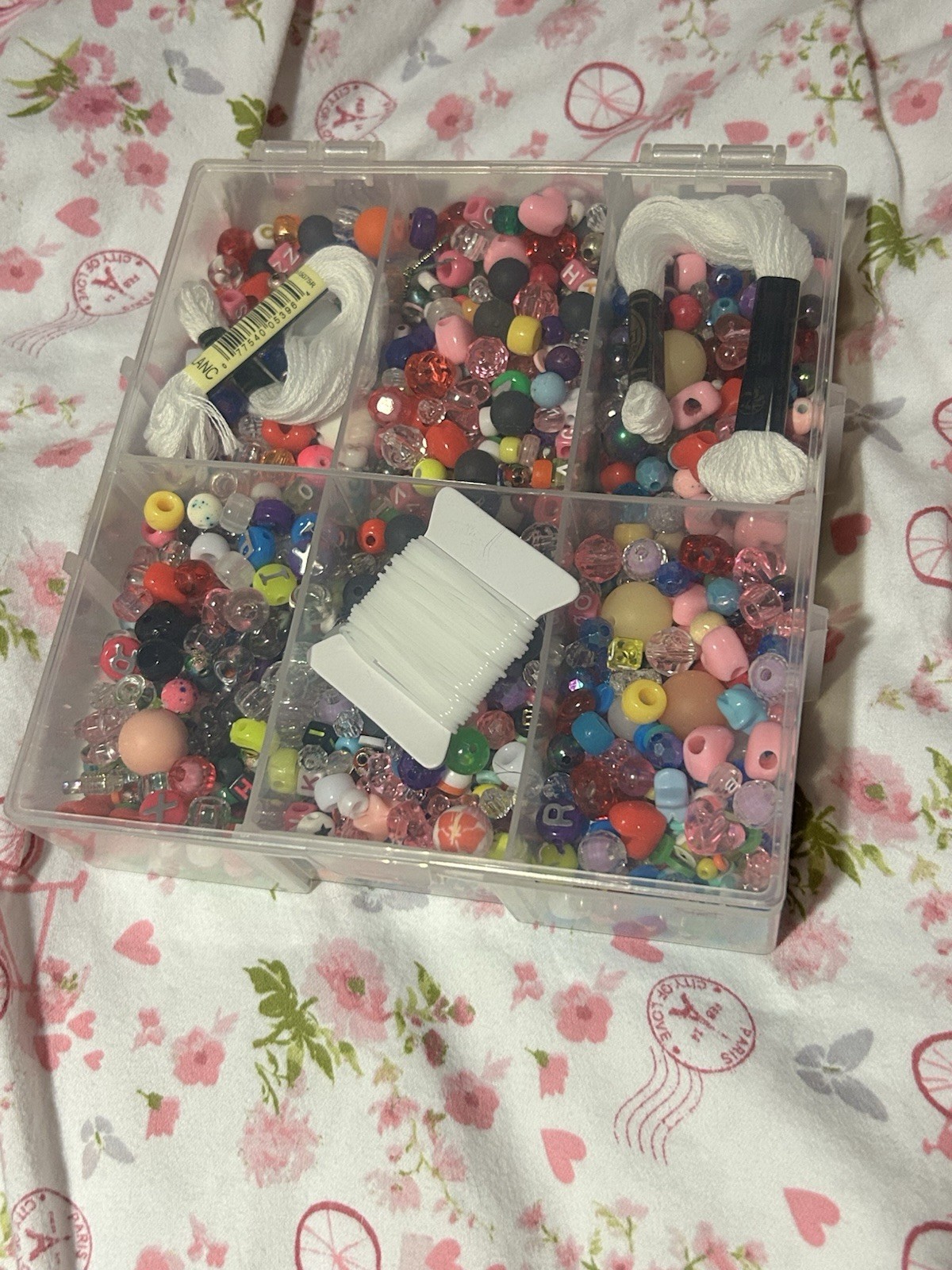 Plastic Container of Mixed Colorful Beads & Strings