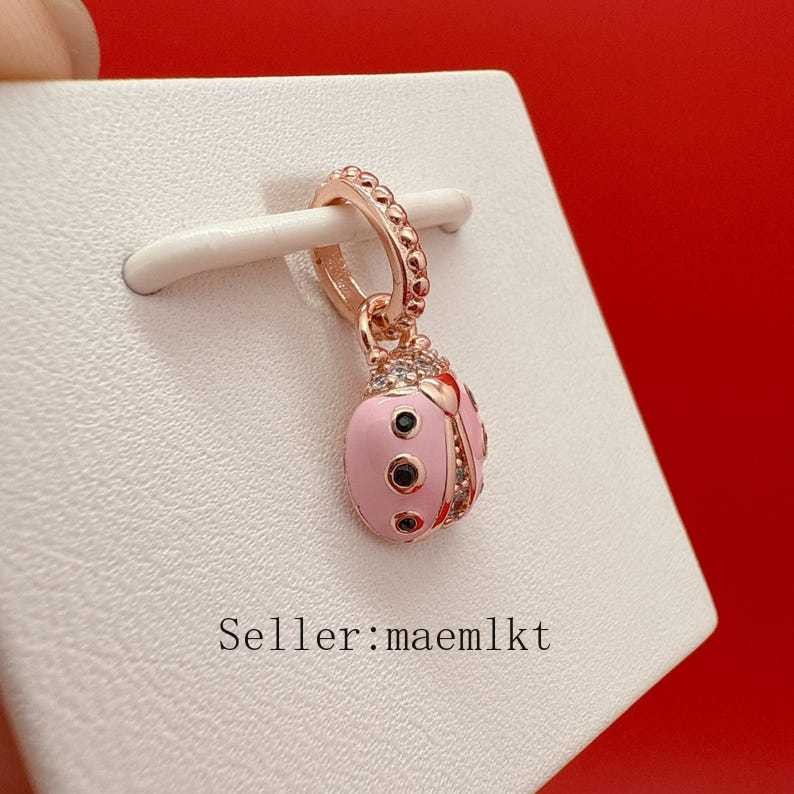 New 925 Sterling Silver Rose Lucky Pink Ladybug Charm 387909EN160