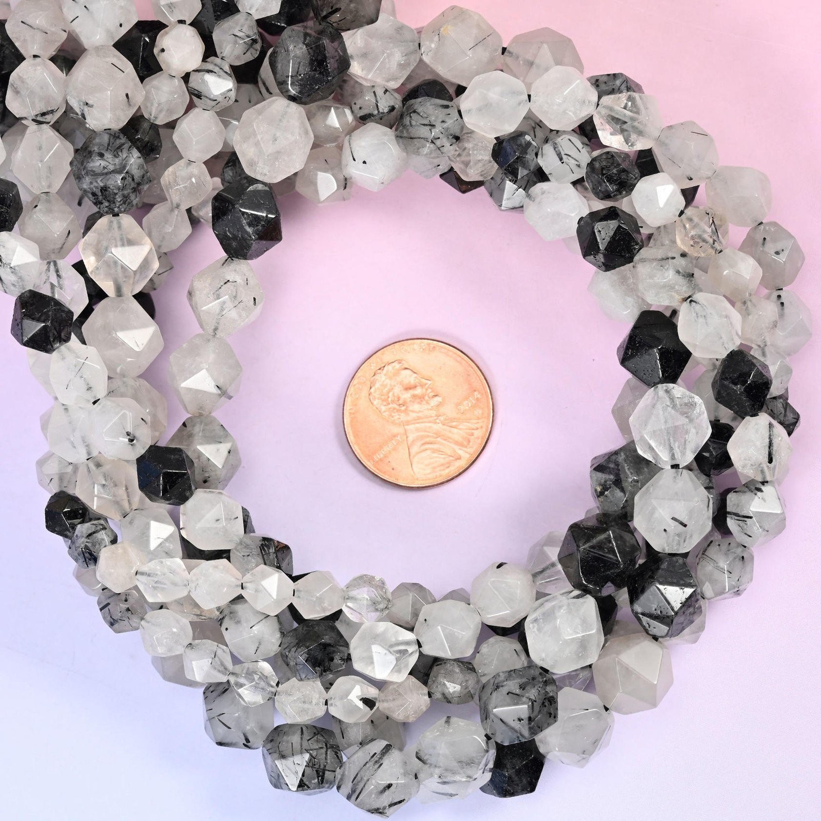 Black Rutilated Quartz Diamond Star Cut Beads 6mm 8mm 10mm 15.5 Inch Strand