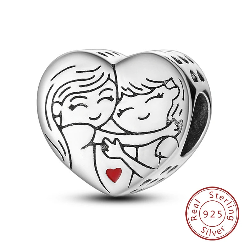 925 Sterling Silver Charm Beads Family Sister Love Heart Pendant DIY Bracelet