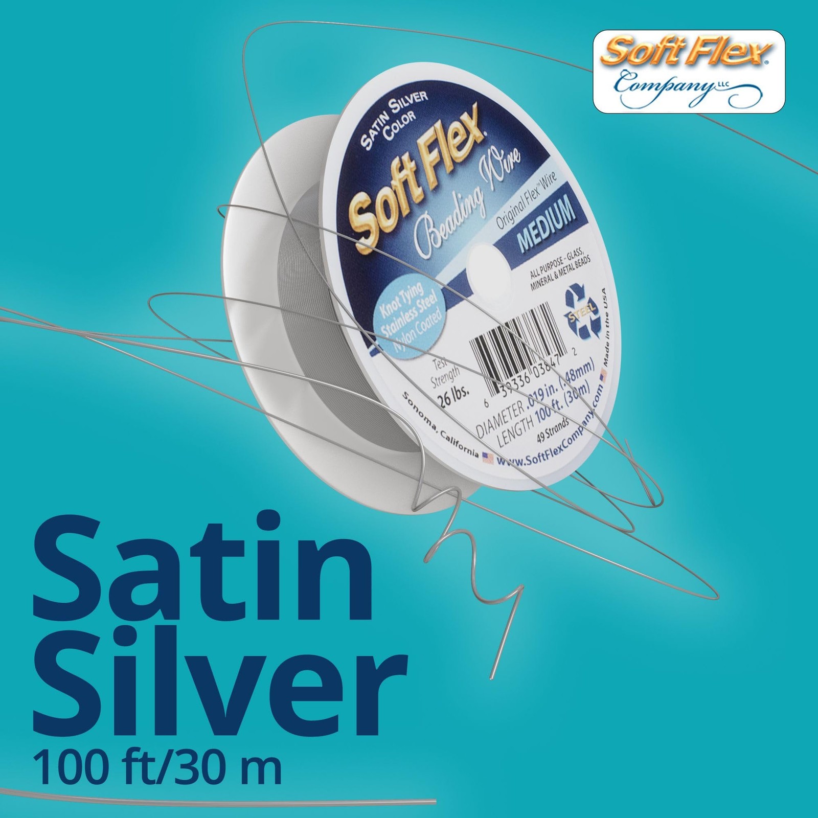 Soft Flex 49 Strand Beading Wire, Medium 0.019 100 Feet, Satin Silver