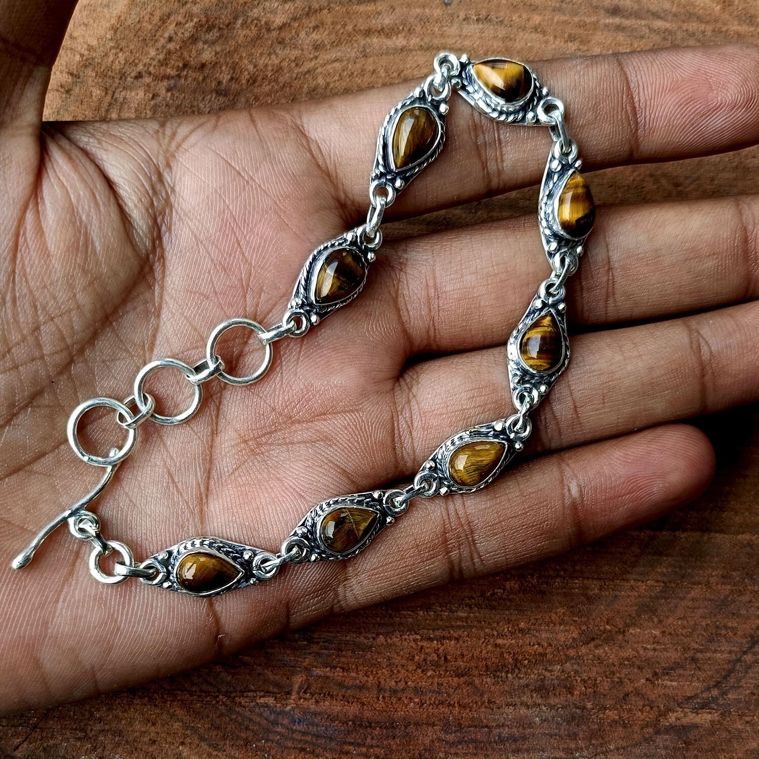 Tiger’s Eye Bracelet 925 Sterling Silver Handmade Gemstone Women Jewelry P#369