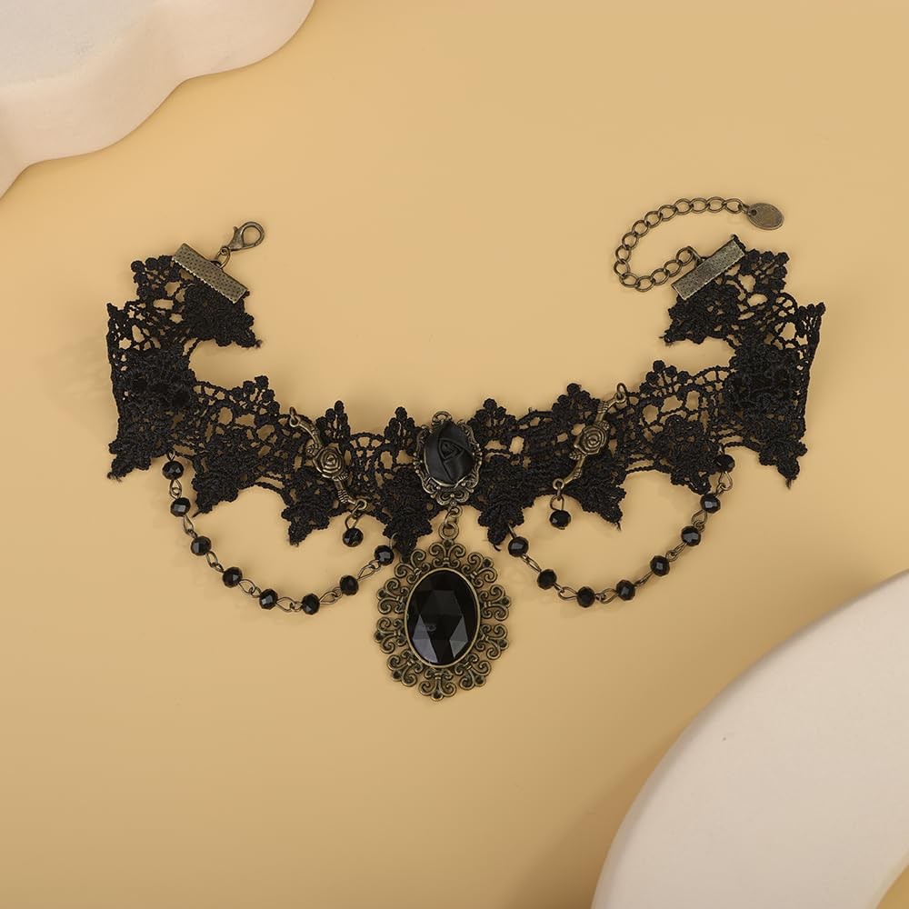 Fashion Prom Women Vintage Black Halloween Tassels Lace Choker Necklace Shinny B