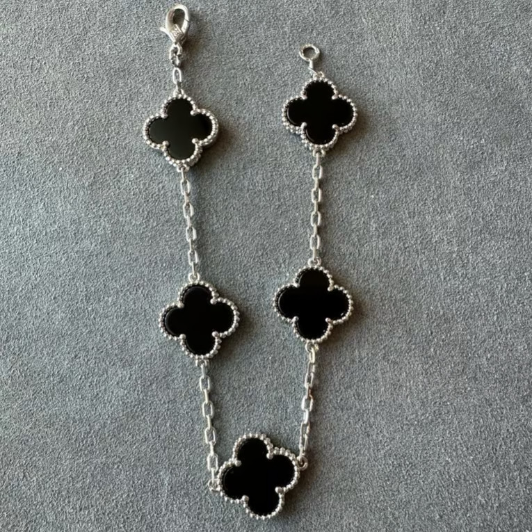 5 Flower Black bracelet 925 silver white gold plated 15mm Flower