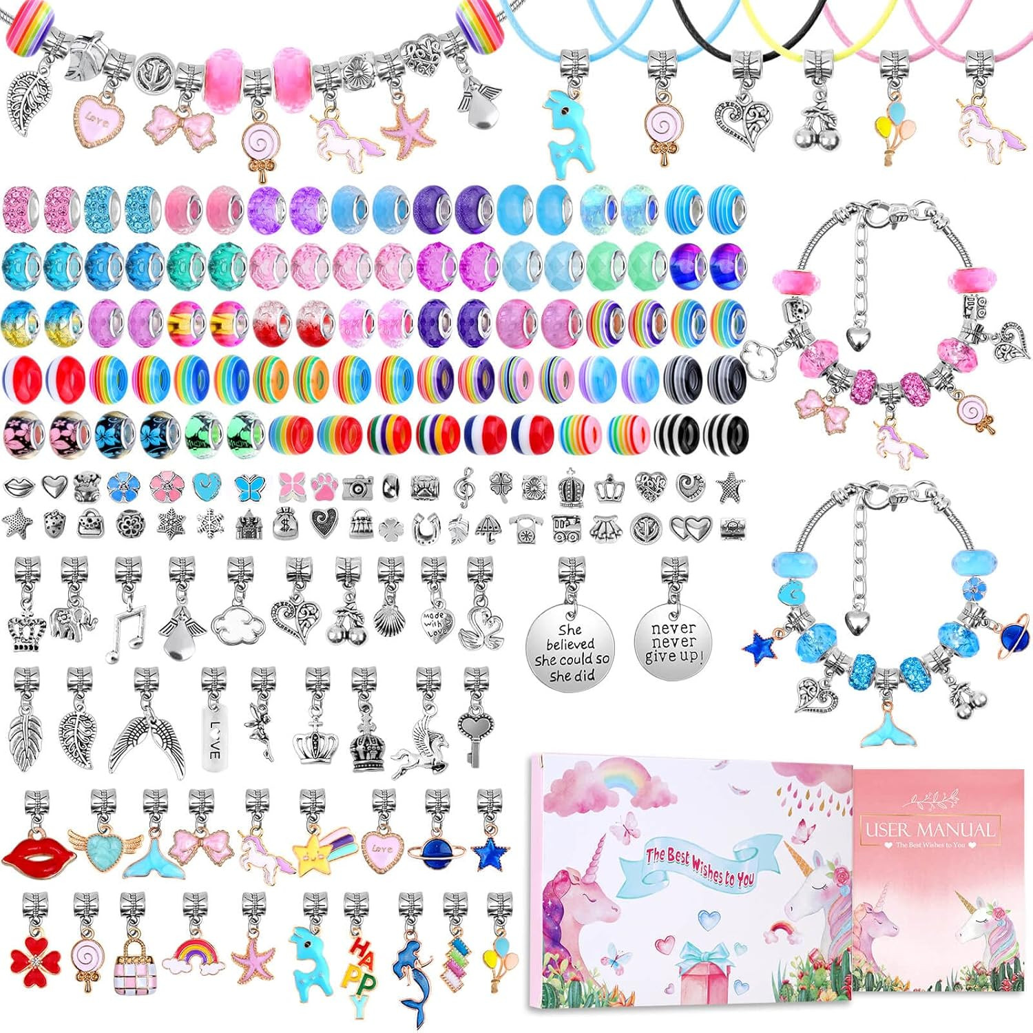180 Pcs Unicorn Mermaid Crafts Charm Bracelet Kit for Girls – DIY Jewelry Makin