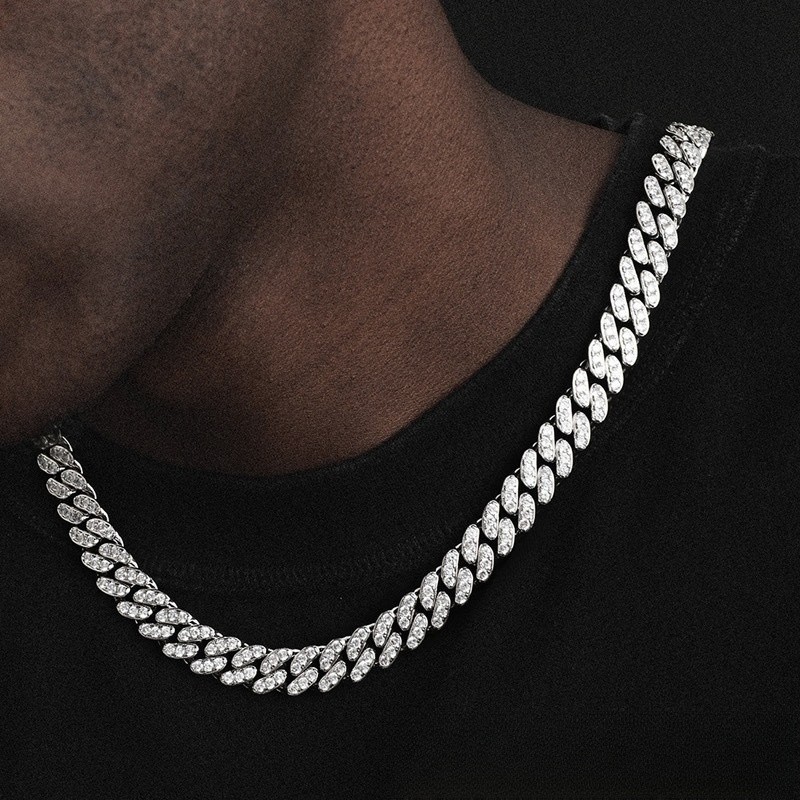 925 Solid Silver Miami Cuban Chain Moissanite Diamond Necklace 6-10 mm Width