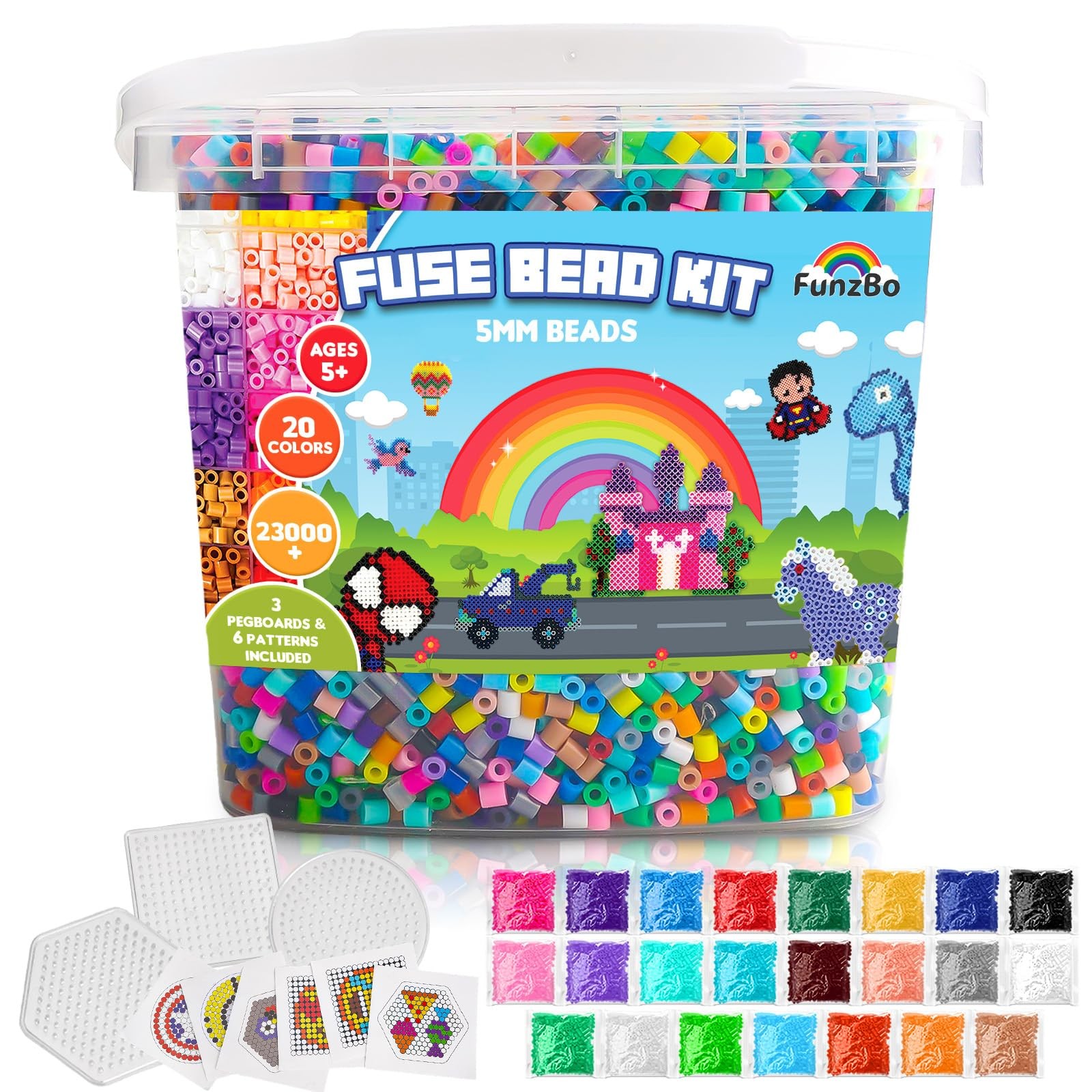 FUNZBO 23000+ 5mm Fuse Beads Kit – 23 Colors Refill, 3 Pegboards & Accessories