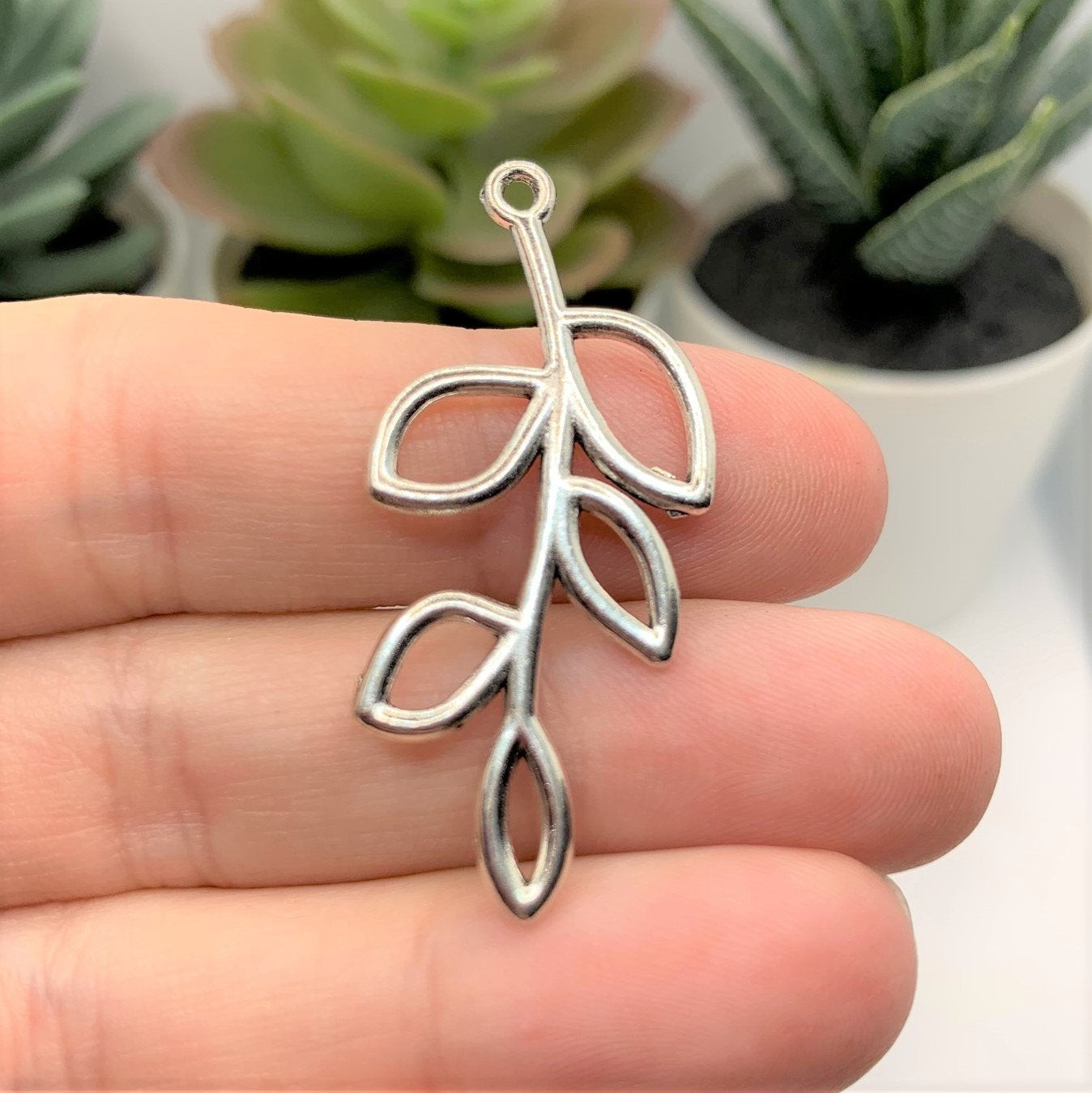 Antiqued Silver Tree Branch Charm, Leaf Connector, 42x19mm – US Seller
