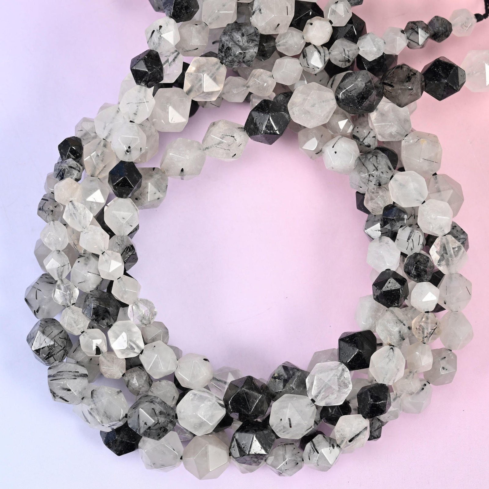 Black Rutilated Quartz Diamond Star Cut Beads 6mm 8mm 10mm 15.5 Inch Strand