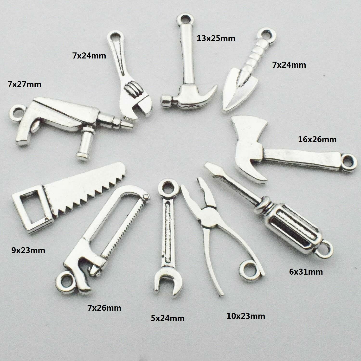 5 Tool Charms Antique Silver Tone Construction Worker Pendants 2 Sided Assorted