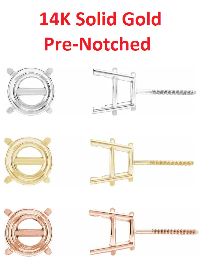 14K Gold Round Pre-Notched Stud Earring Basket Setting Screw Back Post – 1 Piece