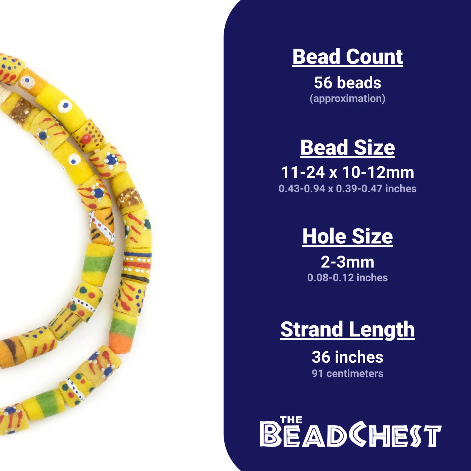 Yellow Medley Krobo Beads 11mm Ghana African Cylinder Glass Large Hole Handmade