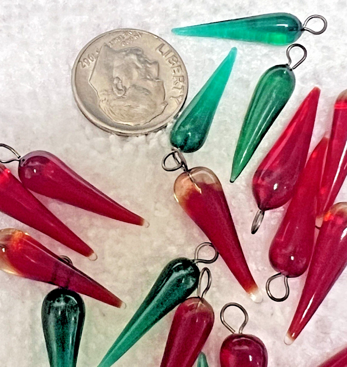 23 Vintage Art Glass Beads Charms Red Green w Wire Top Hangers 3/4 inch