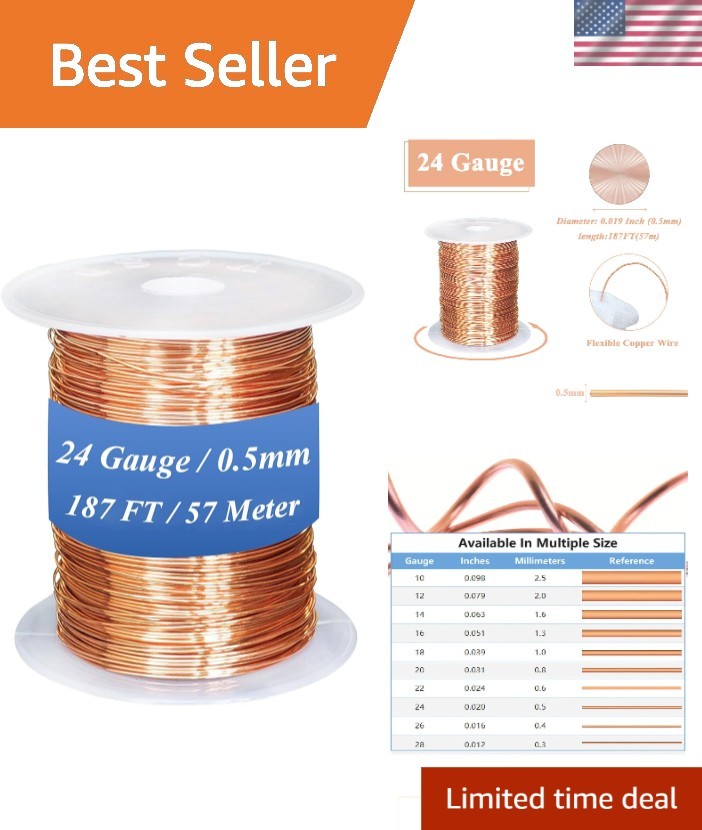 Copper Wire 99.98% Pure – 24 Gauge, 187FT, for Jewelry Making , Gardening, DIY