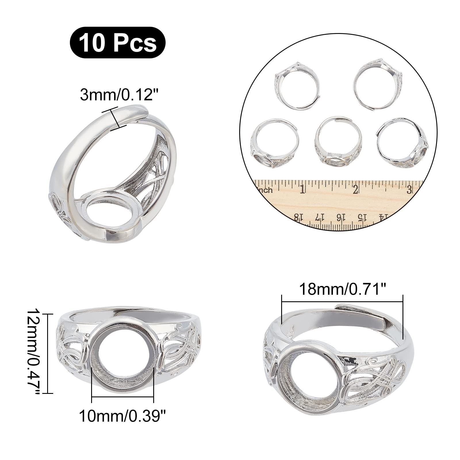 10pcs Platinum Pad Ring Settings Adjustable Brass Ring Shanks Metal Eauropean Ri