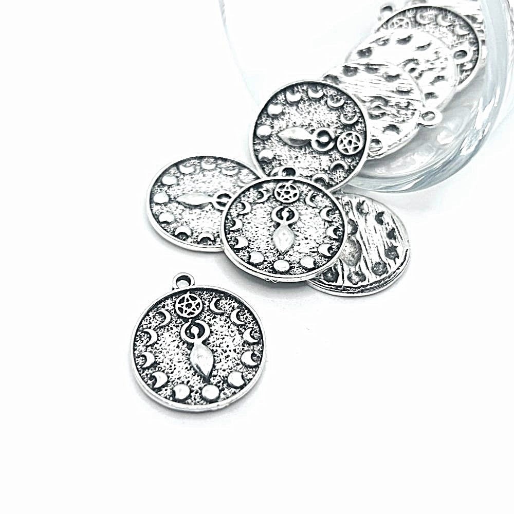 Antique Silver Goddess Pendant Charm with Moon Phases, 20x23mm – US Seller