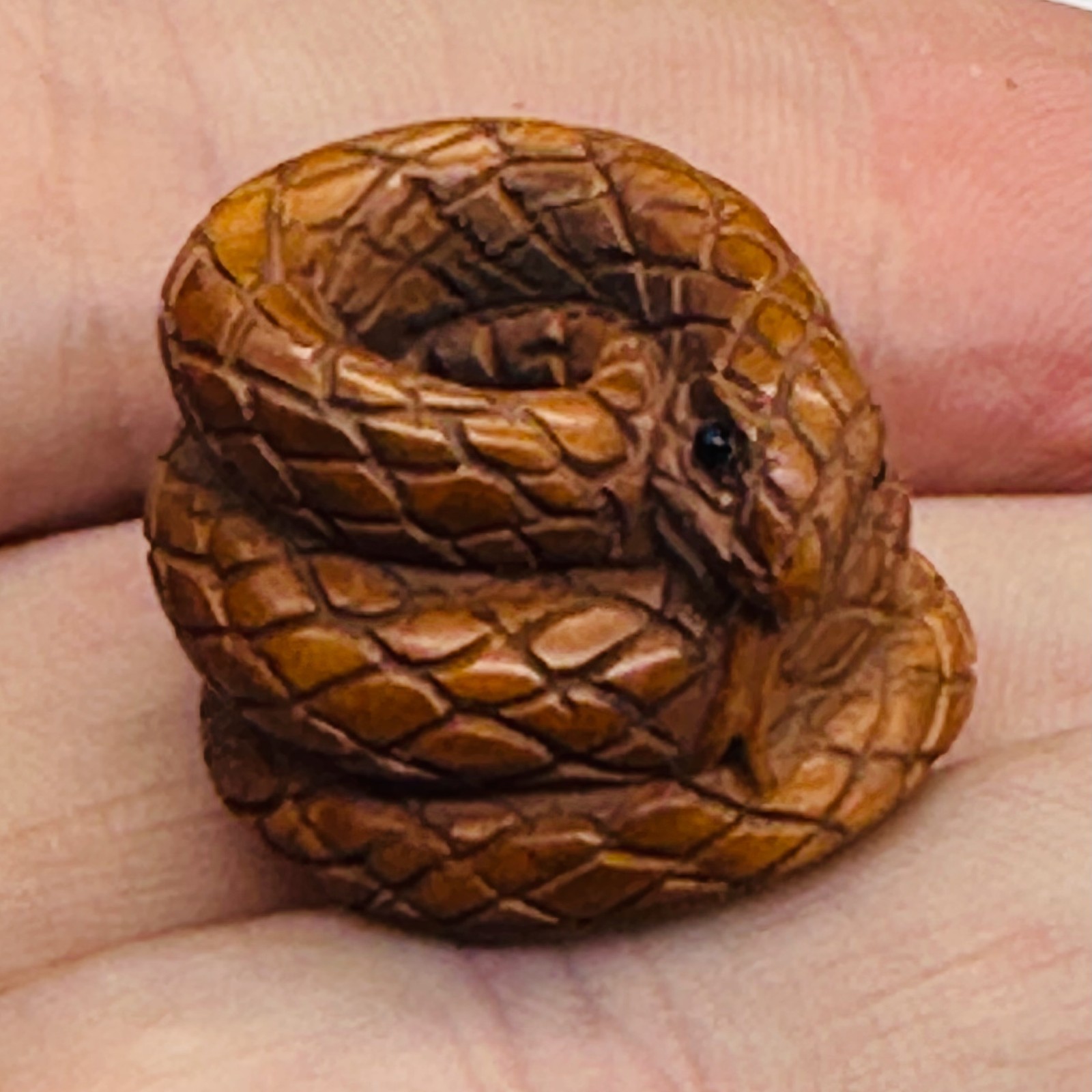 Year of the Snake 2025 Coiled Boxwood Bead | 1 Netsuke | | 17x22x23mm | Brown