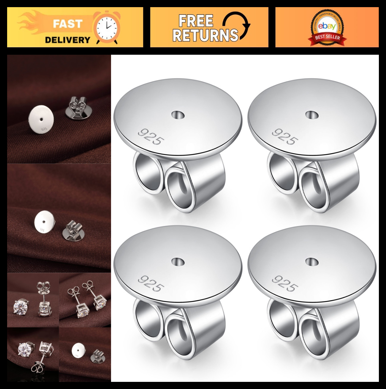 Large Locking Earring Backs Replacement for Studs – 925 Sterling Silver Lifters