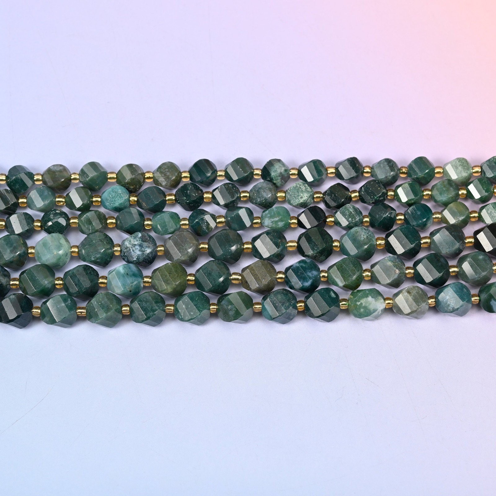 Moss Agate Faceted Spiral Twist Beads: Size 8mm 10mm, Jewelry Making